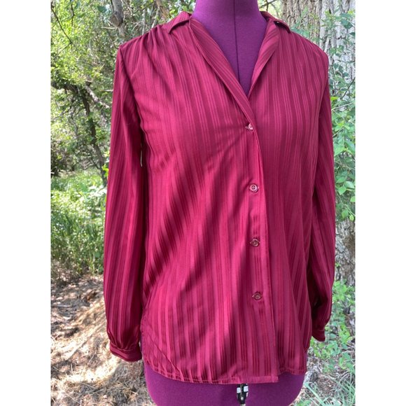 Vintage 1970s Womens Button Blouse Burgundy Red Striped - Picture 2 of 12